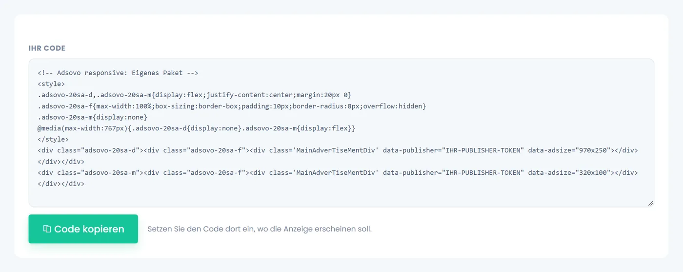 Responsive Werbecode von Adsovo mit zwei Platzhaltern und CSS für Desktop und Mobil