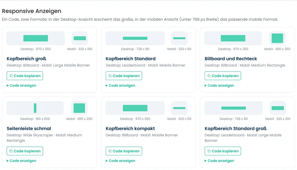 Responsive Werbeformate bei Adsovo: Fertige Kombinationen aus Desktop-Format und Mobil-Format im Publisher-Panel