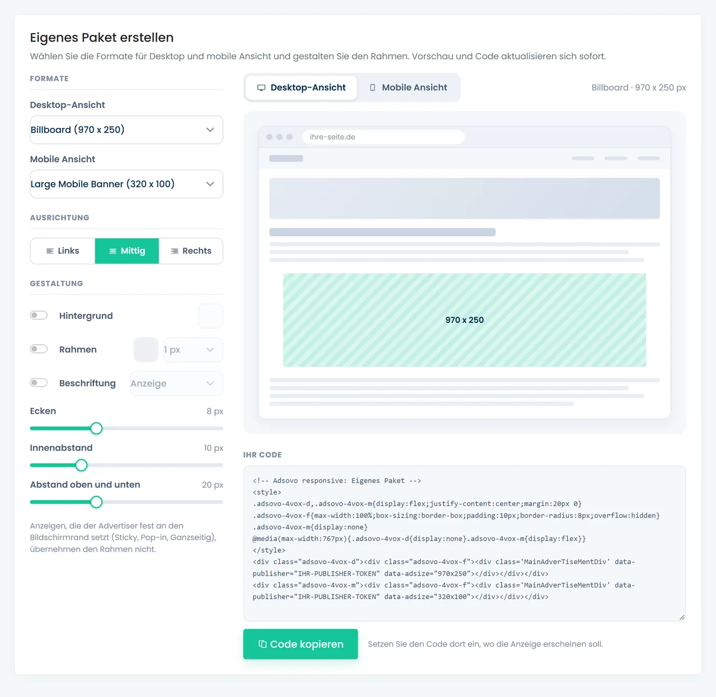Werbecode-Generator von Adsovo: Vorschau der Desktop-Ansicht mit Billboard 970 x 250 und fertigem Code