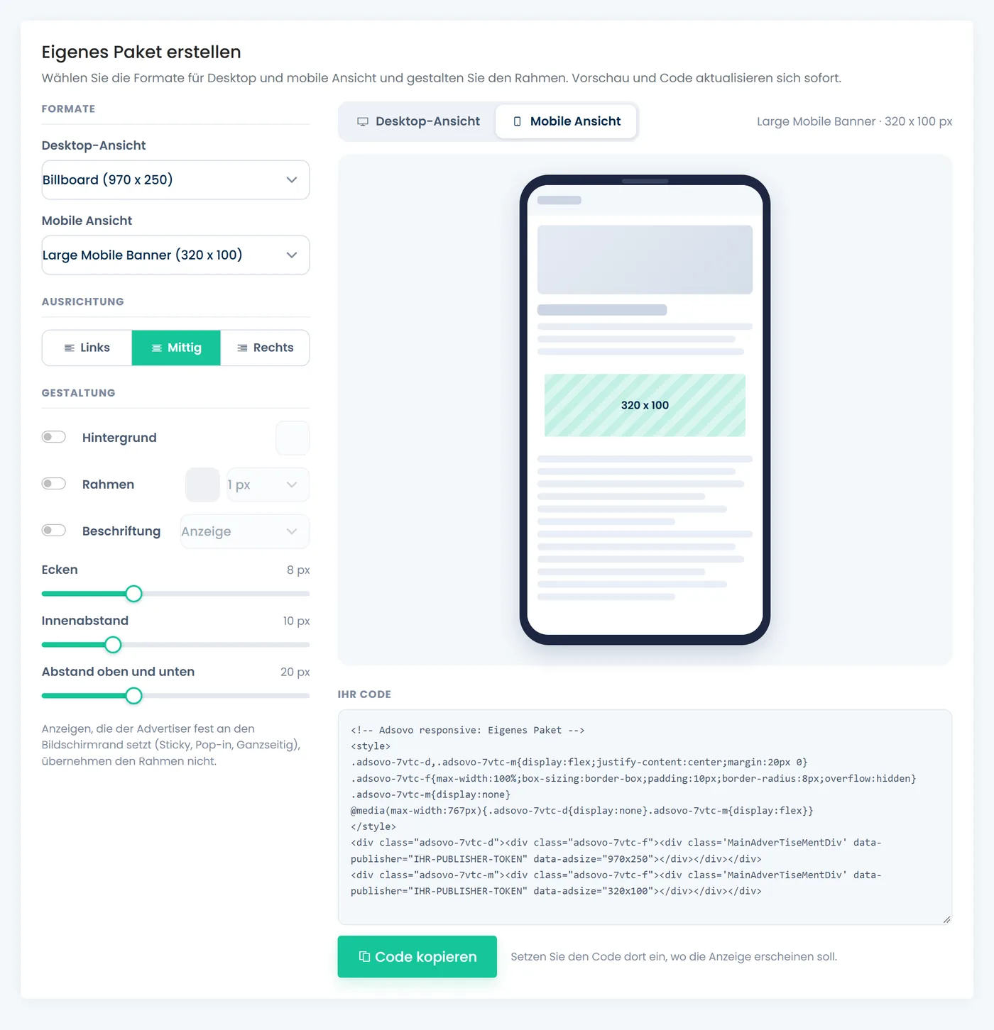 Werbecode-Generator von Adsovo: Vorschau der Mobilen Ansicht mit Large Mobile Banner 320 x 100 im Smartphone