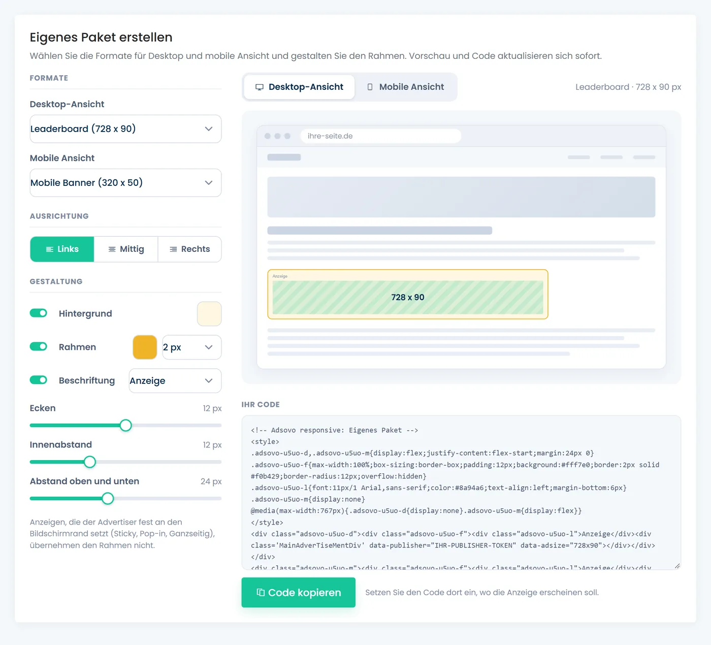 Werbecode-Generator von Adsovo: Anzeigenplatz mit Hintergrundfarbe, Rahmen, abgerundeten Ecken und Beschriftung