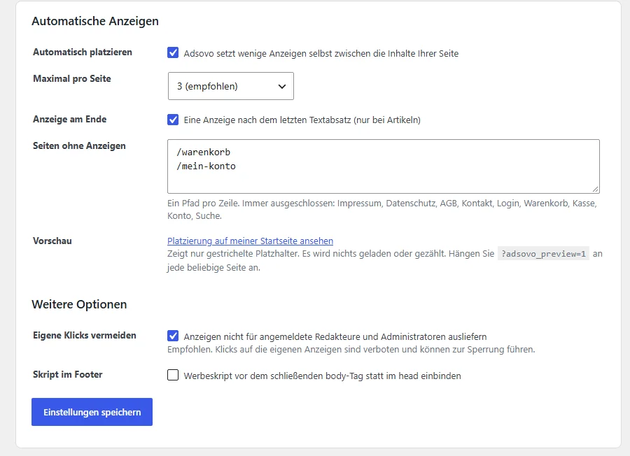 Adsovo WordPress-Plugin: Einstellungen für automatische Anzeigen