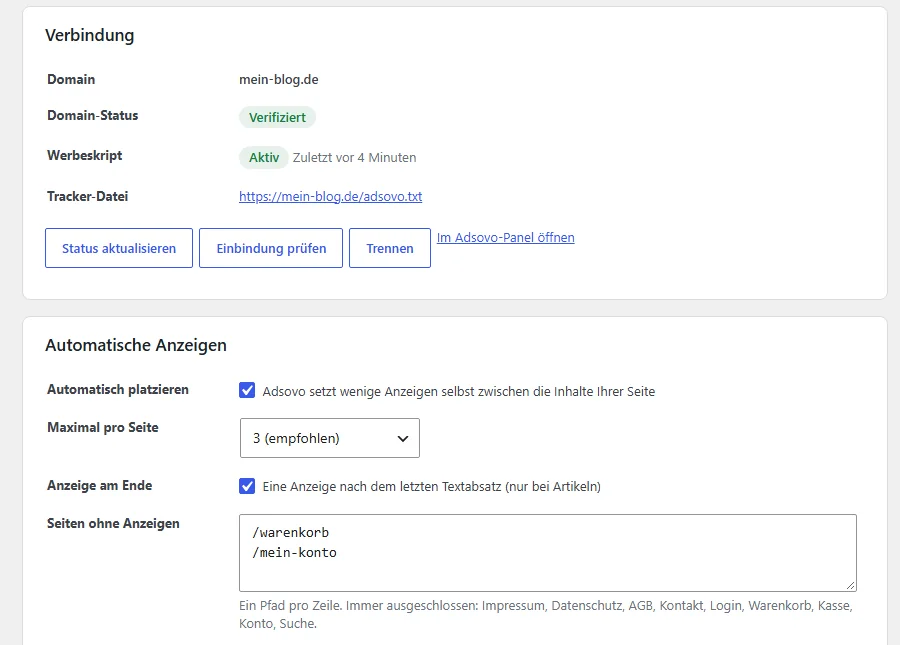 Adsovo WordPress-Plugin: Einstellungen mit Verbindung und automatischen Anzeigen im WordPress-Backend