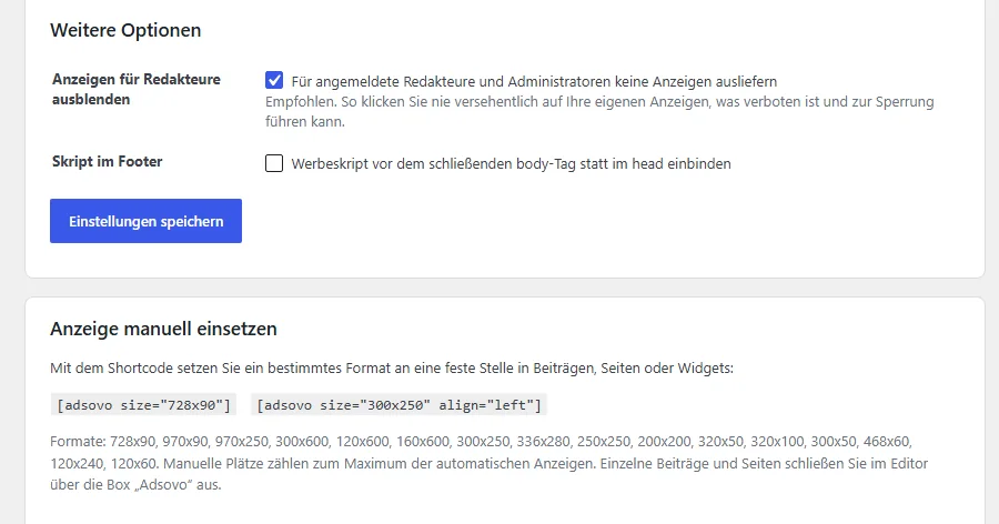 Adsovo WordPress-Plugin: Optionen und Shortcode für manuelle Anzeigen