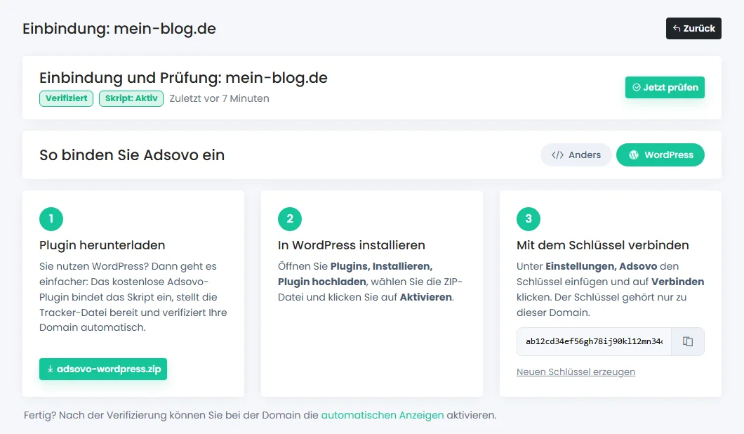 Adsovo Publisher-Panel: Plugin-Schlüssel für die WordPress-Verbindung