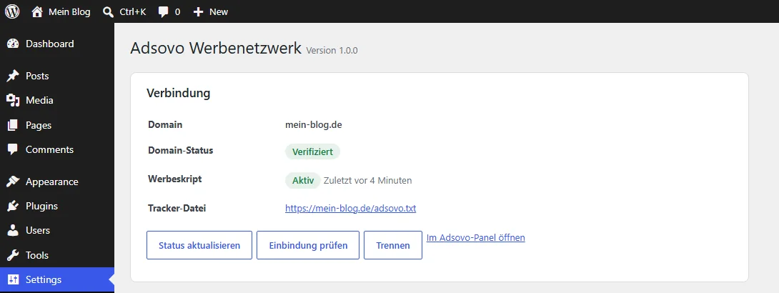 Adsovo WordPress-Plugin: Domain verifiziert und Werbeskript aktiv