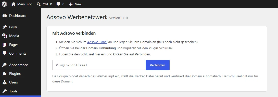 Adsovo WordPress-Plugin: Verbindung per Plugin-Schlüssel herstellen